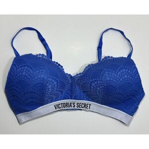 Victorias Secret Lined No Wire Bra In Blue Lace Logo Size 34C Wireless